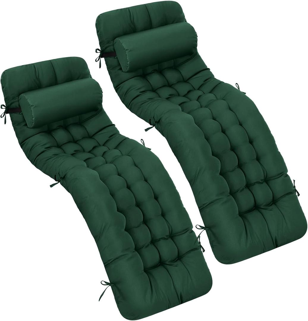 Tudomro 66'' Outdoor Chaise Lounge Cushion Waterproof Patio Pool Chaise Lounge Cushion with Headrest Pillow Tie Fade Resistant Replacement Longue Rocking High Back Chair(Dark Green,2 Pcs)