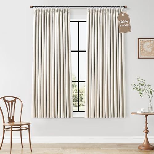 Natural Cream 100% Blackout Linen Pinch Pleated Curtains 63 Inche with Thermal Insulated White Liner Memory Trained for Bedroom Living Room Boho Privacy Window Drapes Nursery 40"Wx63"L 2 Panels Set