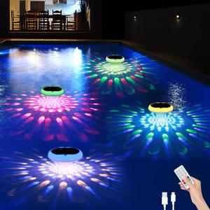 Solar Floating Pool Lights(4 PACK), 2600mAh USB Rechargeable Pool Lights That Float with Remote, 6.7 IP68 Waterproof Floating Light, 13 Colors Changing Upper and Lower Glow Hangable Light for Pools