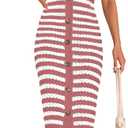 BTFBM Casual Women Spring Dresses 2025 Sleeveless Striped Midi Button Down Dress Ribbed Knit Cardigan Cover Up Dress (M)