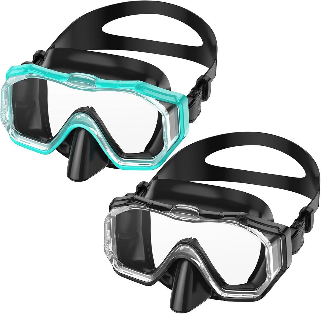 W WSTOO Adults Swim Goggles with Nose Cover,HD 3-Window Wide Vision Lens Snorkel Diving Swimming Mask Anti-Fog&Leak (Large, 2 Pack Black+black Lake Green)