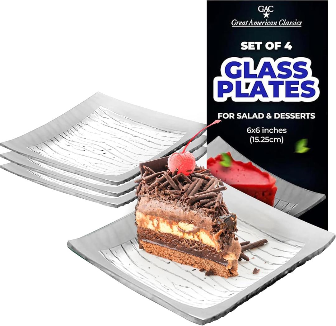 Tempered Glass Dessert Plates  6 Inch Elegant Square Appetizer Plates, Modern Serving Dishes for Snacks, Salads & Sweets, Durable, Microwave & Dishwasher Safe  Set of 4, Silver Rain Flower