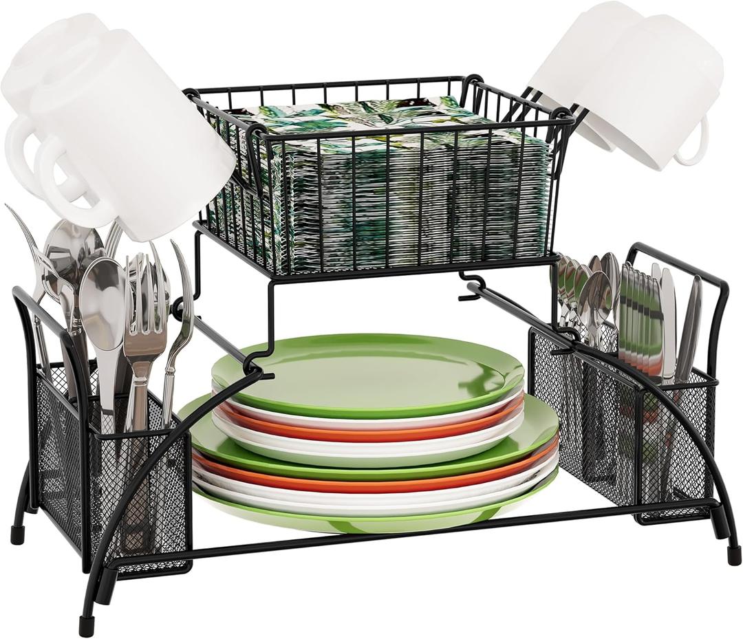 TQVAI 2 Tier Buffet Caddy Silverware Flatware Organizer with Mug Holder for Plates, Utensils, Napkins - Ideal for Kitchen, Dining, Entertaining, Parties, Picnics, Black