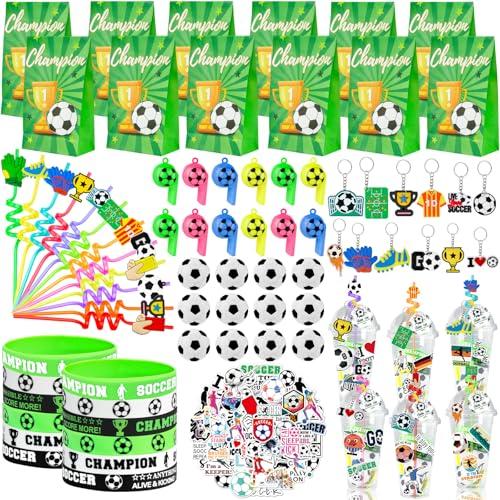 Japior 208Pcs Soccer Party Favors Party Supplies Contains Soccer Goodie Bags Cups Straw Stickers Mini Soccer Silicone Bracelets Keychains Thank You Tags Ideal Soccer Birthday Party Supplies for Team