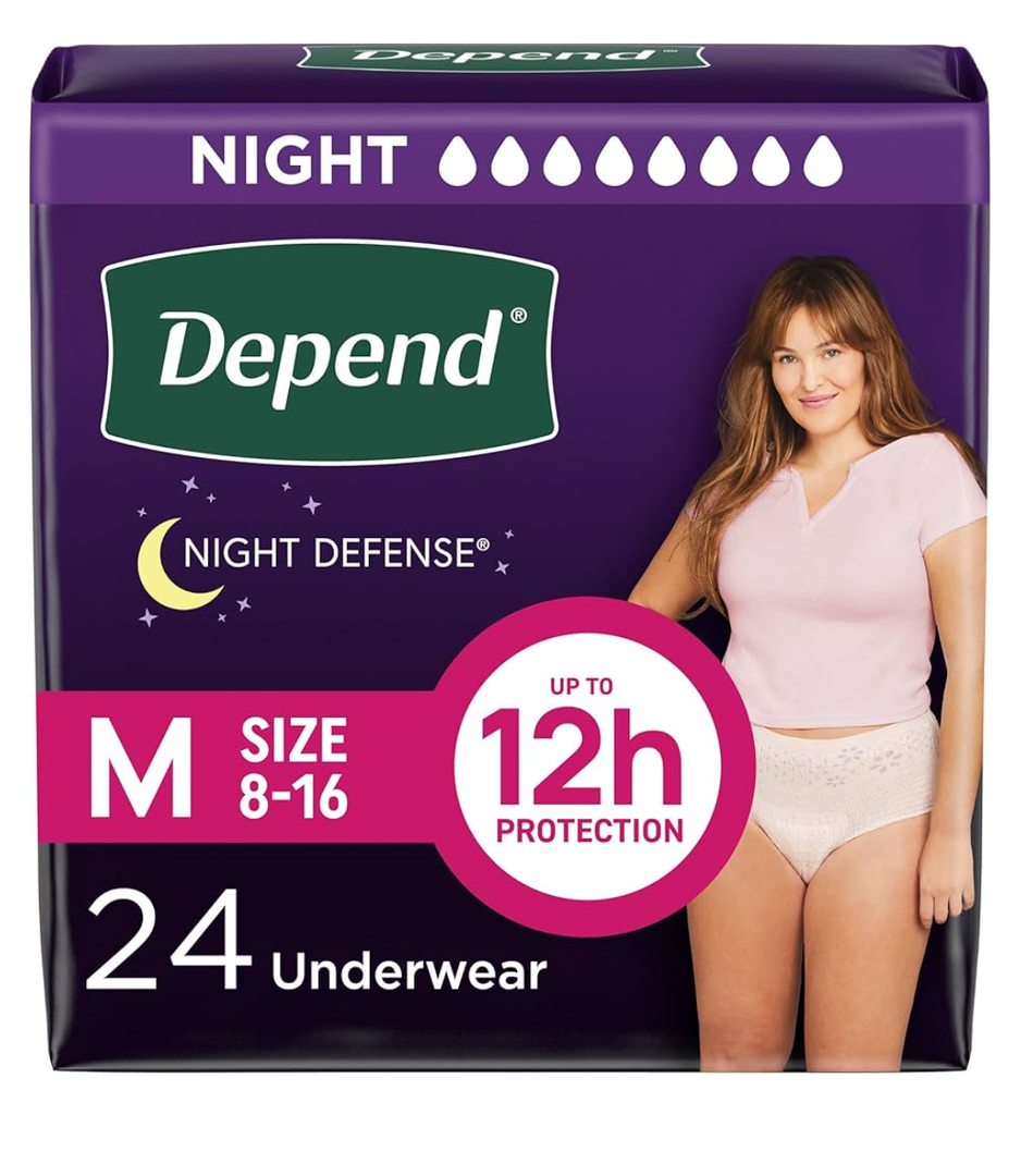 Depend Night Defense Adult Diapers, Incontinence & Postpartum Bladder Leak Underwear for Women, Disposable, Overnight, Medium, Blush, 24 Count