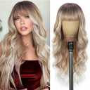 Ombre Blonde Wigs with Bangs Long curly wavy Wig highlight platinum blonde Wig for Women Natural Synthetic Wigs for Daily Party Use 26IN(highlight platinum blonde) (R60)