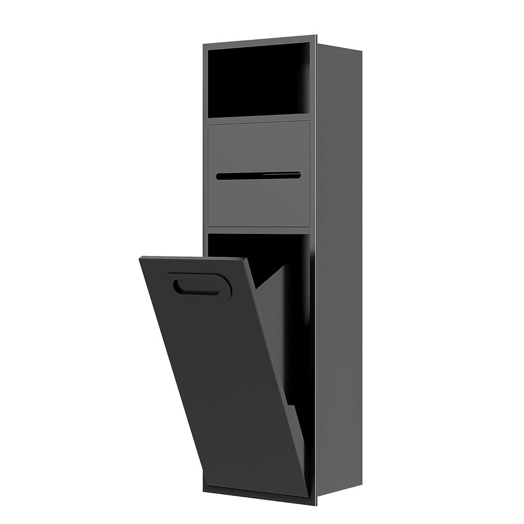 SUPERFLO 4 Gallon Bathroom Trash Can Tilt Out Trash Bin Cabinet, Hidden Trash Can Cabinet Recessed Wall Mounted Stainless Steel with Toilet Paper Holder for Bathroom/Bedroom/Office Renovation, Black