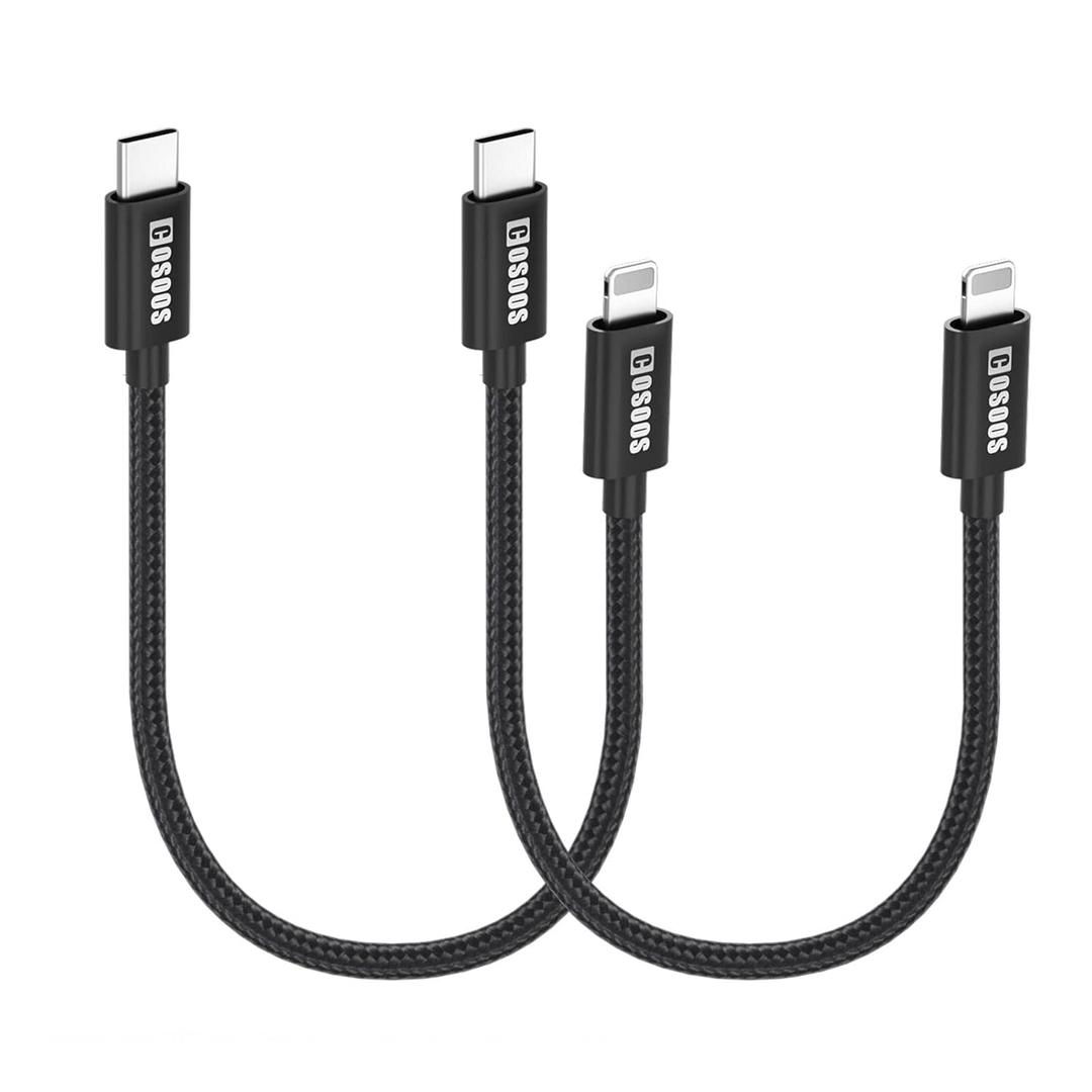 COSOOS 2 Short USB-C to iPhone Cables (10in/26cm) Nylon Braided Fast Charging Syncing Cable, Power Cord Compatible for iPhone 14 Pro Max,14 Plus,14, 13 Pro Max,12,11,XS,X, PD USB-C Charger Station
