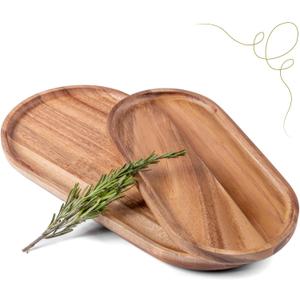 Acacia Wooden Serving Trays Set of 2 - Rectangular Oval Shaped Wood Plates for Charcuterie Cheese Bread Fruit Vegetable Dip Sushi - Rustic Serving Platter Shallow Dishes -14x7 & 11x5.5 In.