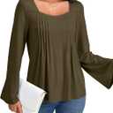 Umenlele Women's Pleated Front Sweetheart Neck Long Sleeve Casual Loose Tunic Tops Blouse Pink Large (L)
