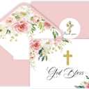 48 Pack Christian Thank You Cards, Watercolor Pink Floral Cross Baptism Thank You Cards with Envelopes & Stickers, First Communion & Religious Occasions