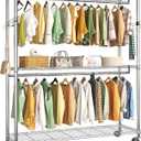 Simple Trending Heavy Duty Rolling Garment Rack 3 Tiers Adjustable Wire Shelving Clothes Rack with Double Rods and Side Hooks, Freestanding Wardrobe Storage Rack Metal Clothing Rack, Chrome