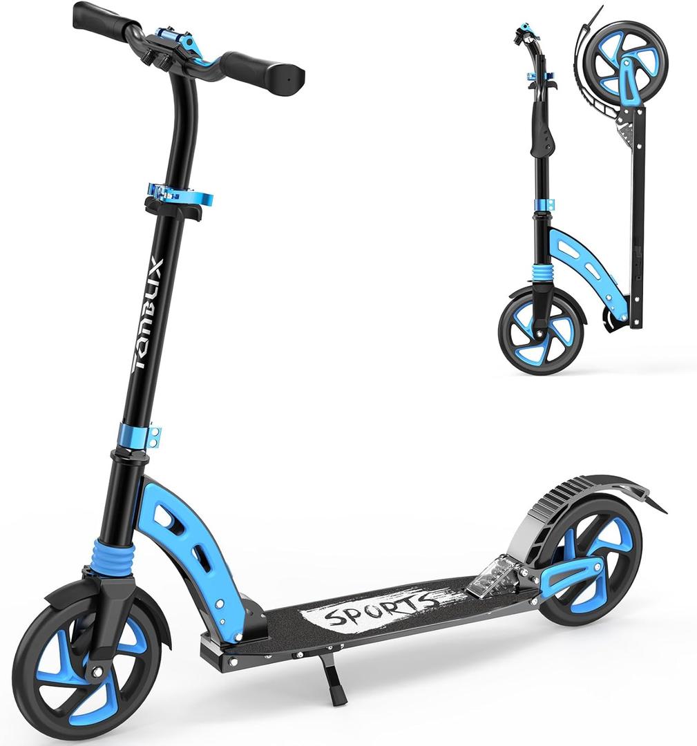 TONBUX Kick Scooter for Ages 6+, Dual Suspension Kids Scooter with Lightweight Aluminum Frame, Adjustable Handlebar Scooters for Kids, Teens and Adults (Black+Blue)