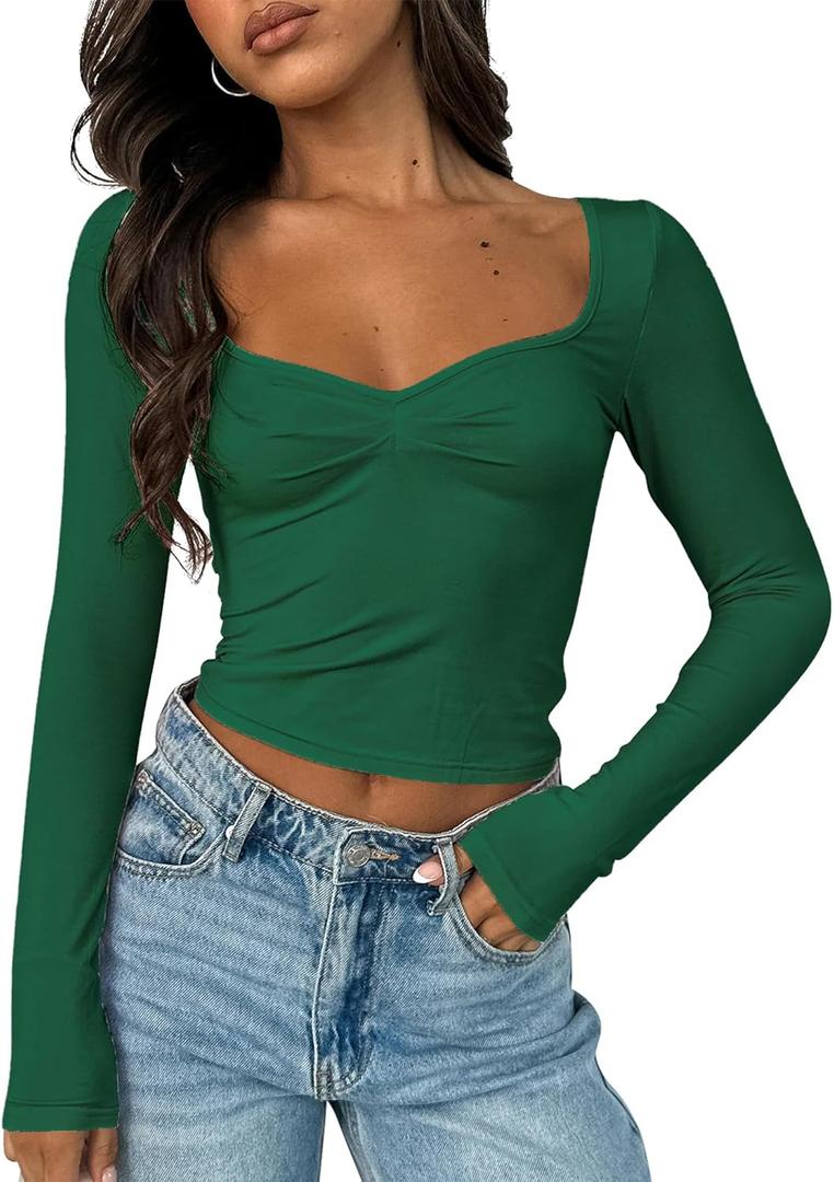 TiulZial Women's Long Sleeve Going Out Crop Top Sexy Pleated Trendy Shirt Sweetheart Neck Y2K Ruched Cropped Tops (Medium, Dark Green)