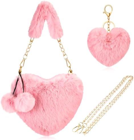 Abbylike Furry Heart Shaped Purse Fluffy Faux Fur Shoulder Bag Crossbody Bag for Women Girls Halloween Christmas Valentines, Set of 2