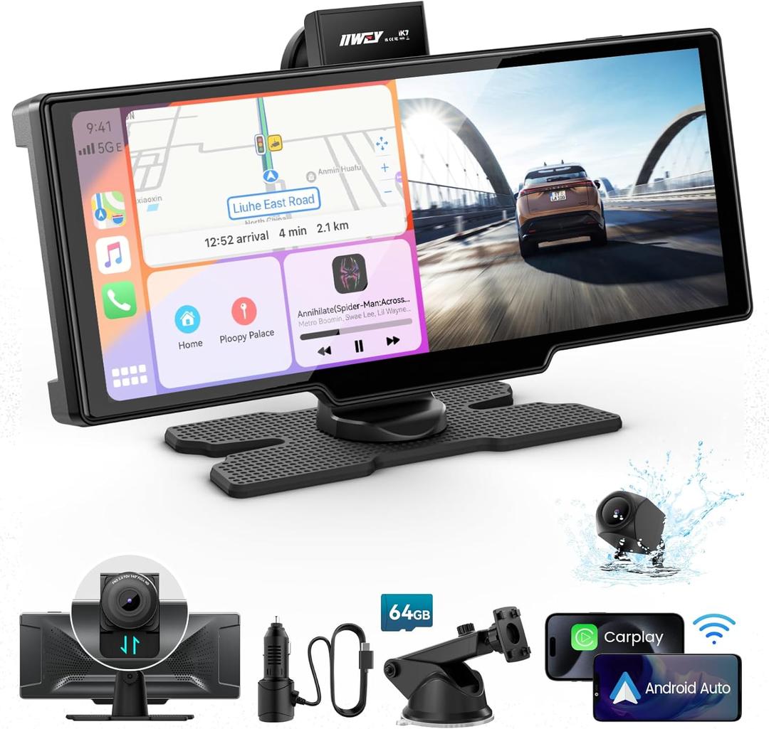 Portable Apple Carplay Screen, 10 Car Stereo Wireless Car Play & Android Auto Touch Screen, 4K Dash Cam, 1080P Backup Camera, Mirror Link/Voice Control/Music Play/GPS Navigation