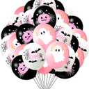 2 x Happy Halloween Balloons, Pink White and Black Latex Balloons with Cute Ghost, Pink Pumpkin, Black Bat Designs for Party Favors, Baby Shower, Halloween Birthday Party Decorations (Wsj04)