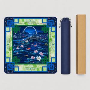 American Mahjong Mat with Rules, 22 x 22 Inch Chinoiserie Koi Pond Mahjong Table Cover, Non-Slip Rubber Game Mat with Carrying Bag