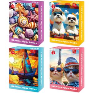 100 Piece Puzzles for Kids Ages 4-6 6-8 8-10, Shells Sailboat Cats & Dogs Jigsaw Puzzles, Fun & Engaging Kids Puzzle, for Boys and Girls Puzzle Toys as Home Decor