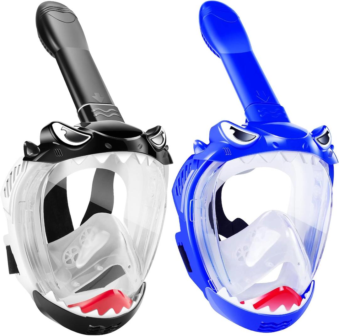 Full Face Snorkel Mask for Kids with 180 Panoramic View, Snorkeling Set Featuring Anti-Leak and Anti-Fog Foldable Dry Top Design for Safe Underwater Adventures Snorkeling Gear for Kids (Black+Dark Blue)