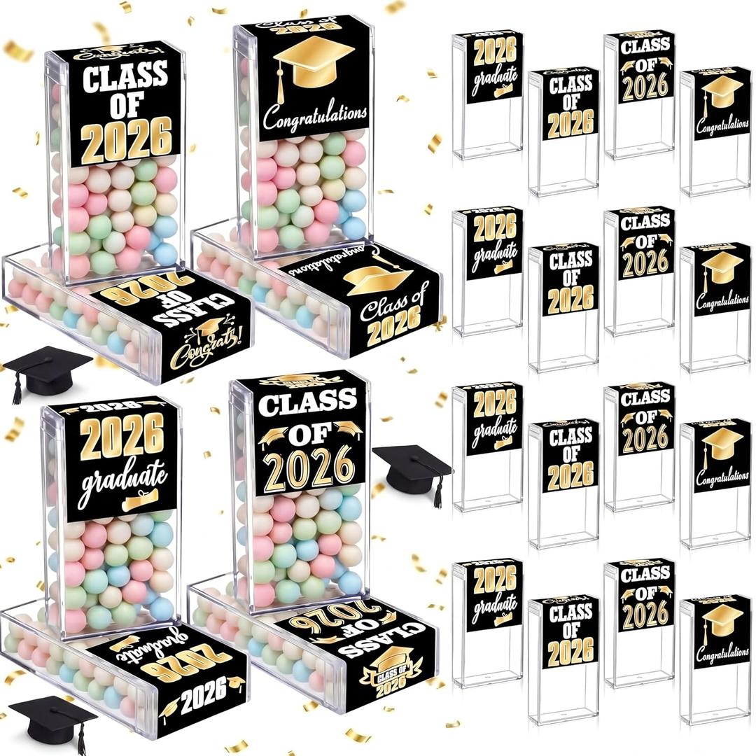 AceOrbit 24 Sets Graduation Candy Tubes Bulk for Guest 3.54 Inch Empty After Dinner Candy Jar Buffet Container Acrylic Box with Sticker for Class of 2026 End of Year Gifts(Black)