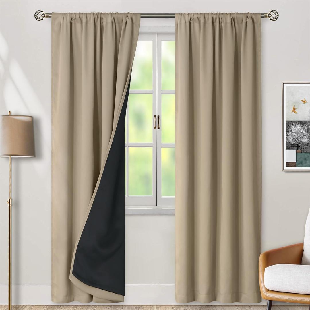 BGment 100% Blackout Curtains for Bedroom 84 Inch Length 2 Panels, Thermal Insulated Room Darkening Curtains Rod Pocket Soundproof Bedroom Living Room Window Curtains, Sand, Each 52 Inch Wide
