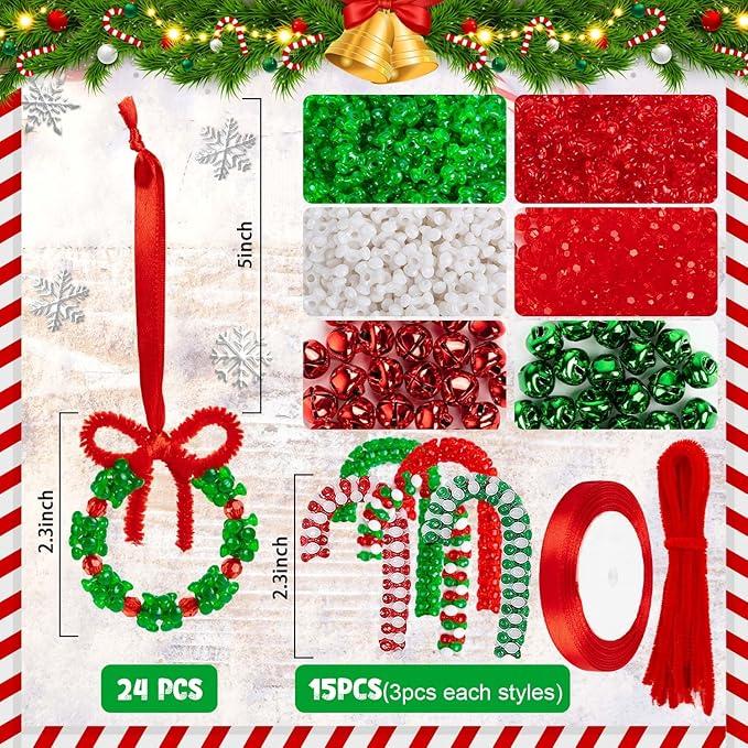 Christmas Crafts for Kids, Beaded Ornament Kit- 39Pcs DIY Christmas Ornaments to Make Wreath Candy Cane Xmas Holiday Tree Hanging Decorations Party Ornaments for Children and Adults