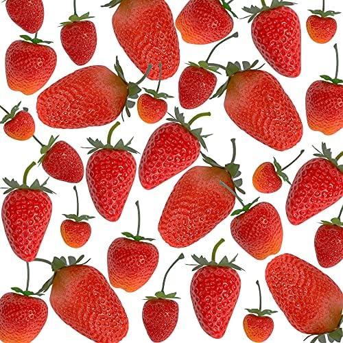 Happy Trees 30 Pieces  Artificial Strawberries Assorted Size, Lifelike Plastic Fake Fruit Decoration for Home Kitchen Party Photography Props (Red),(Pack 3)