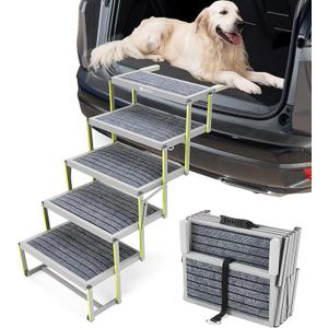 Veehoo Dog Stairs for Car, Aluminum Folding Dog Steps for Cars Truck and SUV, Portable Dog Car Ramp for Large Dogs with Non-Slip Surface, Supports Up to 200 Lb, 5 Steps