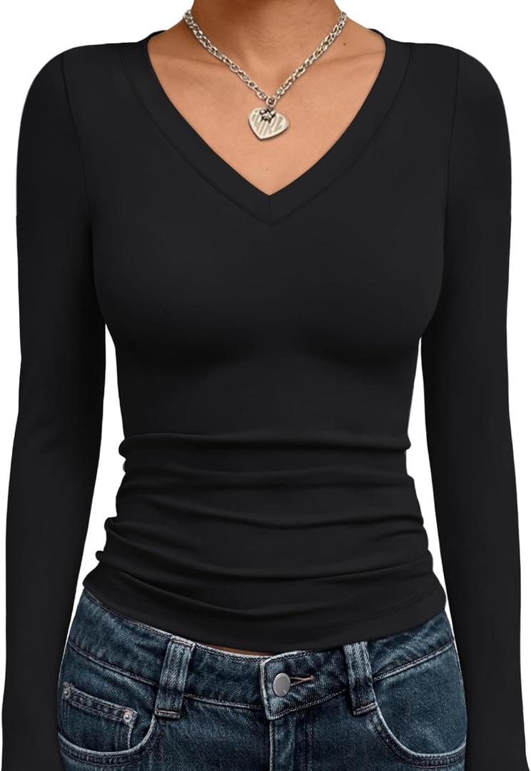 Trendy Queen Long Sleeve Shirts for Women 2026 Fall Fashion V Neck Basics Crop Tops Slim Fitted Y2K Tops Outfits Clothes (Black, S)