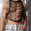 OYOANGLE Men's Hollow Out Ripped Sweater Vest Sleeveless See Through Crop Tank Tops Party Clubwear (Black, L)