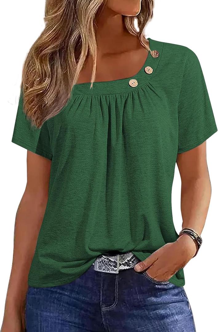 Womens Summer Tops Short Sleeve Asymmetrical Neck T Shirts with Buttons (XX-Large, 06-green)