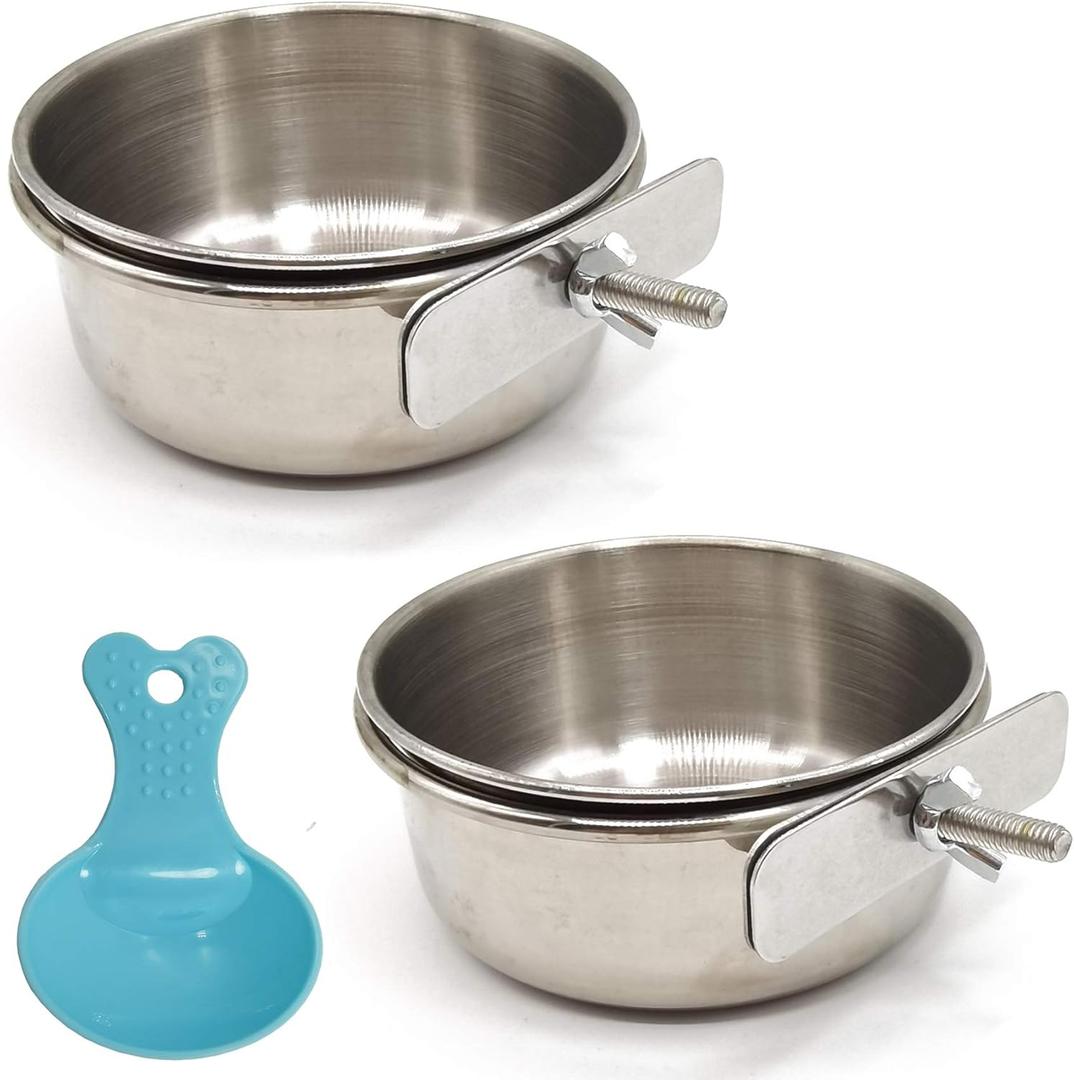 2PCS Bird Feeding Dish Cups with Spoon, Parrot Food Bowl Clamp Holder - Stainless Steel Coop Cup, Bird Cage Water Bowl for Parakeet African Greys Conure Cockatiels Lovebird Budgie Chinchilla