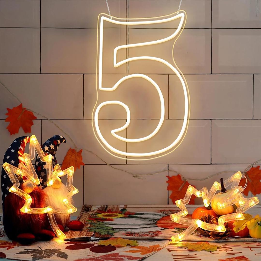 RumonZS Number 5 Light Up LED Neon Sign Backdrop 15.9" Birthday Party Decor Warm White Number One Light Up Sign USB Powered Big Number Sign Light for Birthday Night Light Party Anniversary Wedding