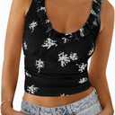 Tankaneo Womens Ruffle Deep V Neck Tank Tops Summer Sexy Floral Print Sleeveless Fitted Shirts Trendy Y2k Going Out Crop Tops (Black, L)