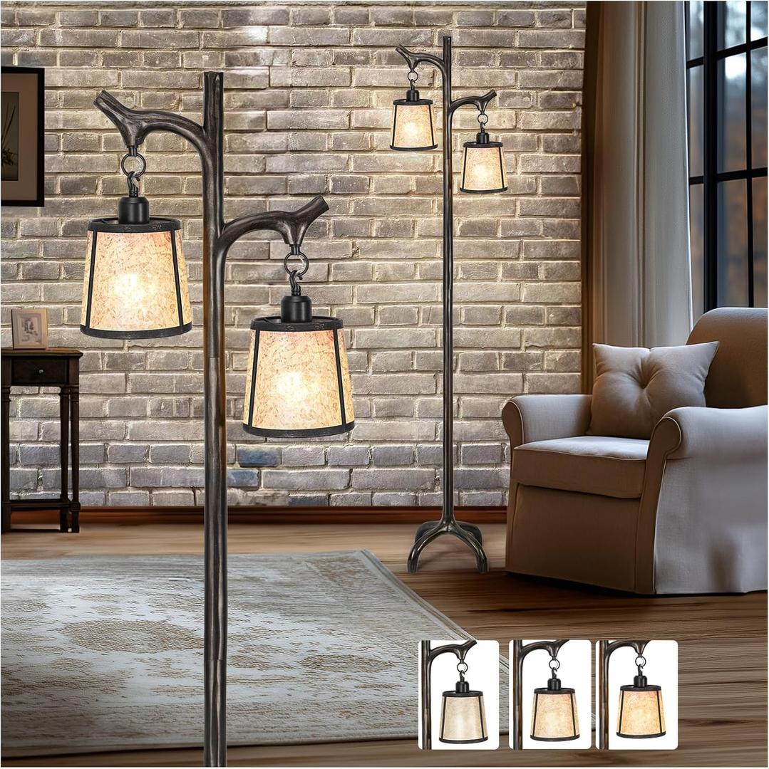 68" Farmhouse Floor Lamp With Mica Shade For Living Room,Modern Industrial Vintage Standing Floor Lamp for Bedroom ,Stepless Dimmable Rustic Tree Trunk Tall Lamp For Office,Living Room (Bulb Included)