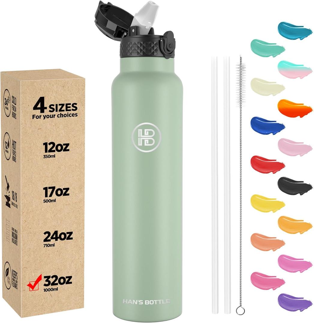 Han's Bottle Sports Water Bottle - 32 Oz, Straw Lid, Leak Proof, Vacuum Insulated Stainless Steel, Double Walled, Thermo Mug, Pine Green