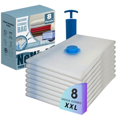 Nellivia 8 Mega Jumbo XXL Vacuum Storage Bags with Pump, Supersized Compression Space Saver for Comforter, duvet, Bedding, Blanket storage, Vacuum Seal Bags for Clothing, Durable Safe Poly Material