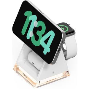 mooas Crystal Lamp 3 in 1 Mag-safe Wireless Charging Stand (White), 2 Color Nightlight, 3 in 1 wireless charger, Compatible with iPhone 12/13/14/15, Galaxy S21, S22, S23, S24, Apple watch Galaxy watch