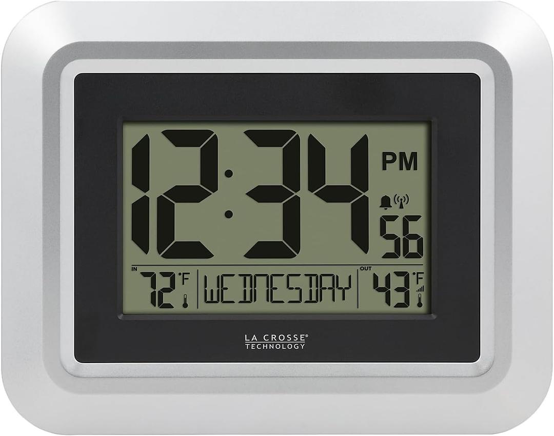 La Crosse Technology 513-1918S-INT Atomic Digital Wall Clock with Outdoor Temperature (Silver)