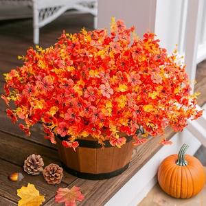 Pack of 2, Ivydale Fall Flowers Artificial for Decoration Outdoors Fake Mums 12 Bundles Faux Planters UV Resistant Look Real for Autumn Home Porch Patio Garden Yard, Fall-Orange