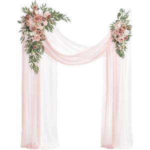 Ling's Moment Pink Artificial Wedding Arch Flowers Kit Pack of 4, 2pcs Hanging Flower Arrangement 2pcs Chiffon Drapes Ceremony Reception Spring Silk Rose Arbor Backdrop Floral Garden Outdoor Decor