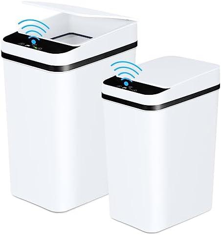 Anborry Bathroom Trash Cans with Lid 2 Pack Touchless Automatic Motion Sensor 2.2 Gal & 4 Gal Small Garbage Can, Smart Electric Narrow Garbage Bin for Bedroom Office Kitchen (White)