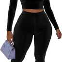 CLOCOR 2 Piece Outfits for Women Bodycon Long Sleeve High Neck Tracksuit Lounge Velour Legging Pants Jogger Set (Large, Black)