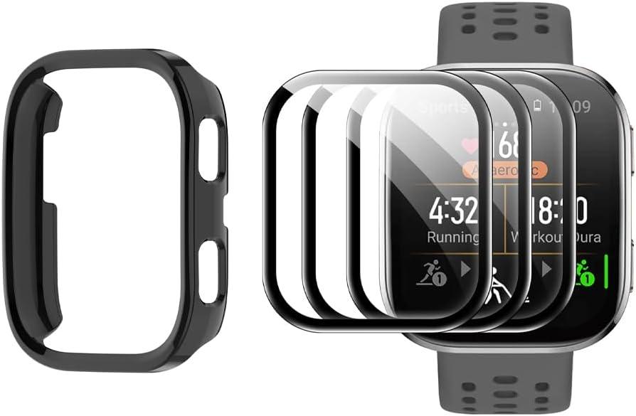 Watch Screen Protector (3+1Pack) Compatible for Amazfit Bip 6,Full Coverage 3D Curved Edge Frame PET Film Anti-Scratch High Definition and Hard PC Protective Case (black)