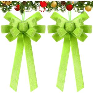2 Pcs Lime Green Christmas Decorations Big Lime Green Christmas Bow Large Plush Bows for Wreath Tree 16 x 11 Inch Topper Bow Ornament for Xmas Home Front Door Outdoor Garland Decor