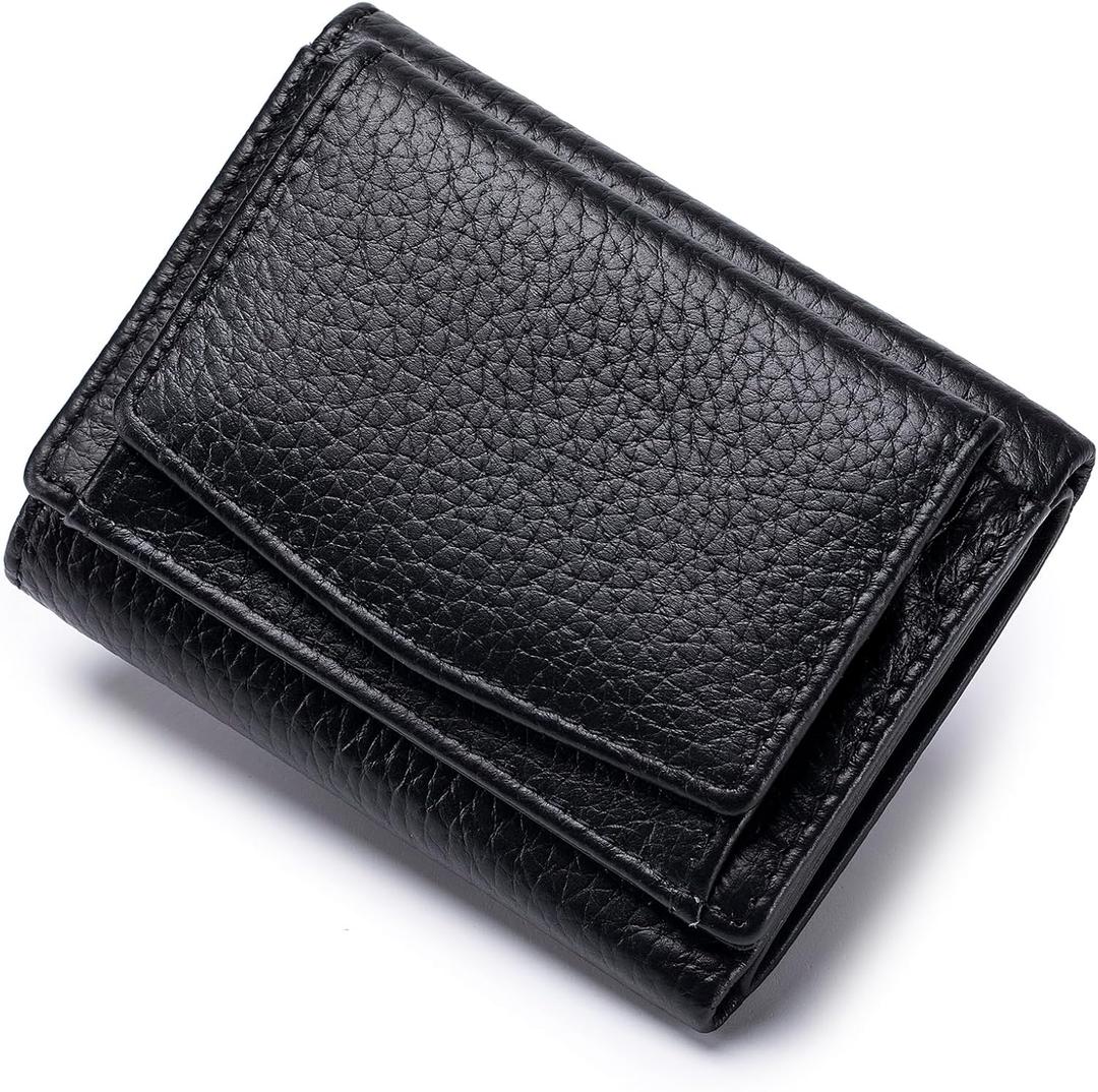 Small Wallet Women Genuine Leather RFID Blocking Trifold Tiny Wallets with Snap Coin Pouch 7 Card Solts