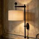 27.5" Modern Forged Iron Wall Sconce with Beige Linen Shade, Elegant Industrial Wall Light for Bedroom Living Room Hallway
