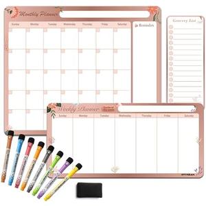 Magnetic Calendar for Fridge – Family Command Center with Monthly, Weekly & Grocery Boards – Dry Erase Whiteboard Set with 8 Markers & Eraser – Organize Meals, Chores & Schedules