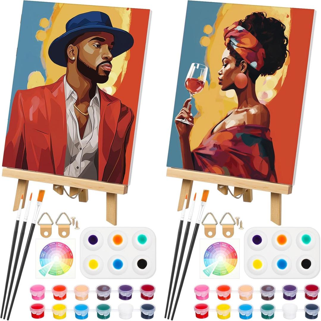 Humyoun 2 Pack Couples Painting Kit Date Night Paint and Sip Kits for Couples Pre Drawn Canvas for Painting 8 x 10 Inch Set Party Supplies Wedding Gifts(Wine Glass)